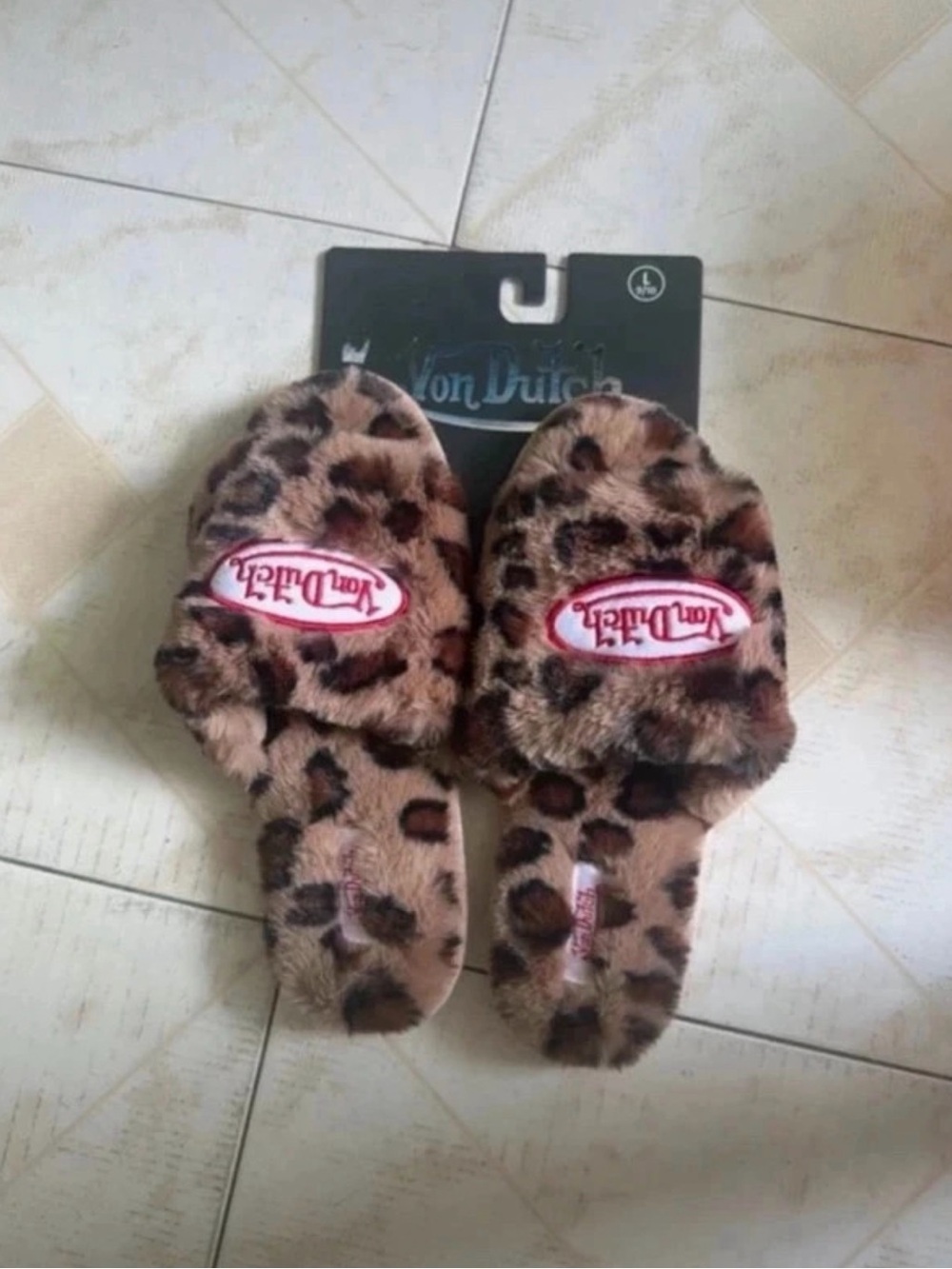 Von Dutch Leopard Faux Fur Slide Slippers - Brown and Black